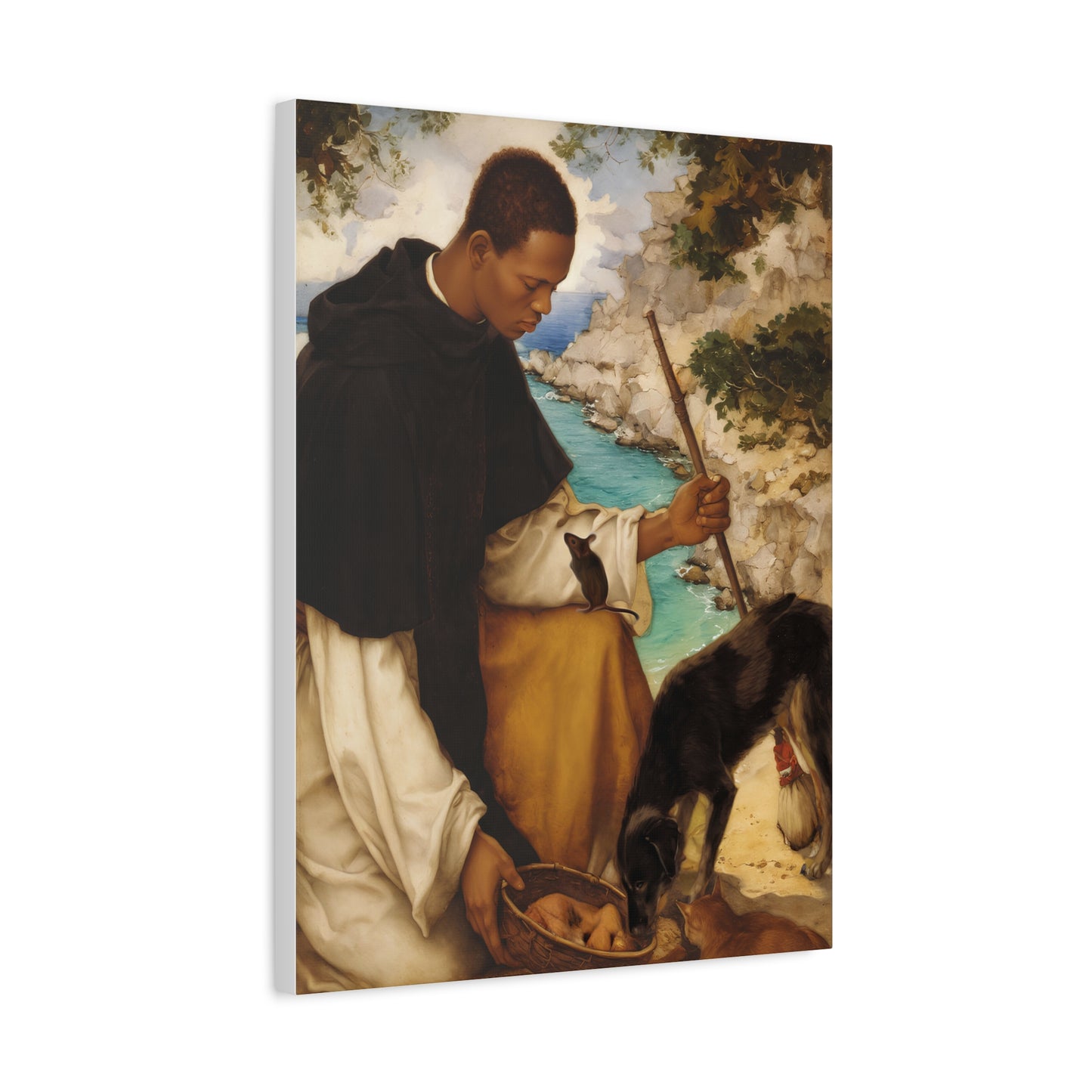 Ready To Hang - St. Martin de Porres with Mouse and Dog Catholic Canvas Wall Art - Christian Decor