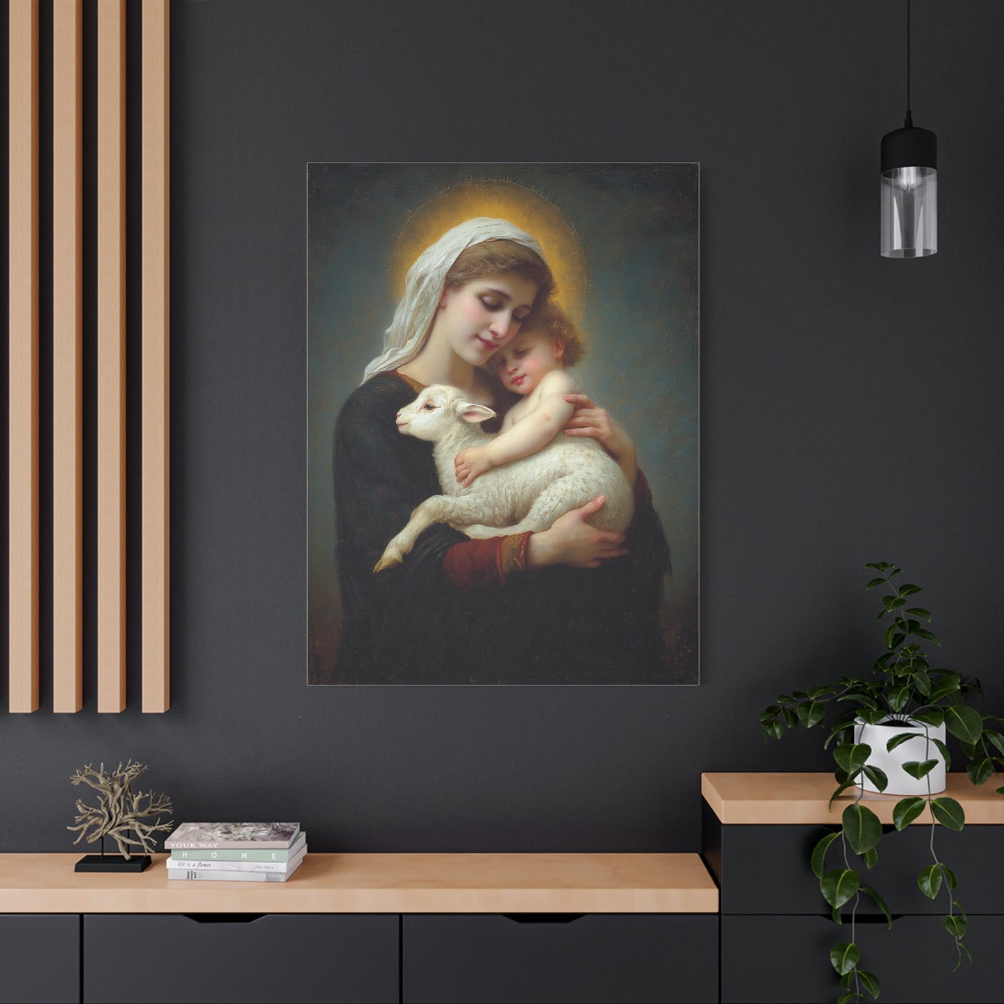 Mother Mary with Baby Jesus and Lamb Catholic Canvas Wall Art, Christian Decor