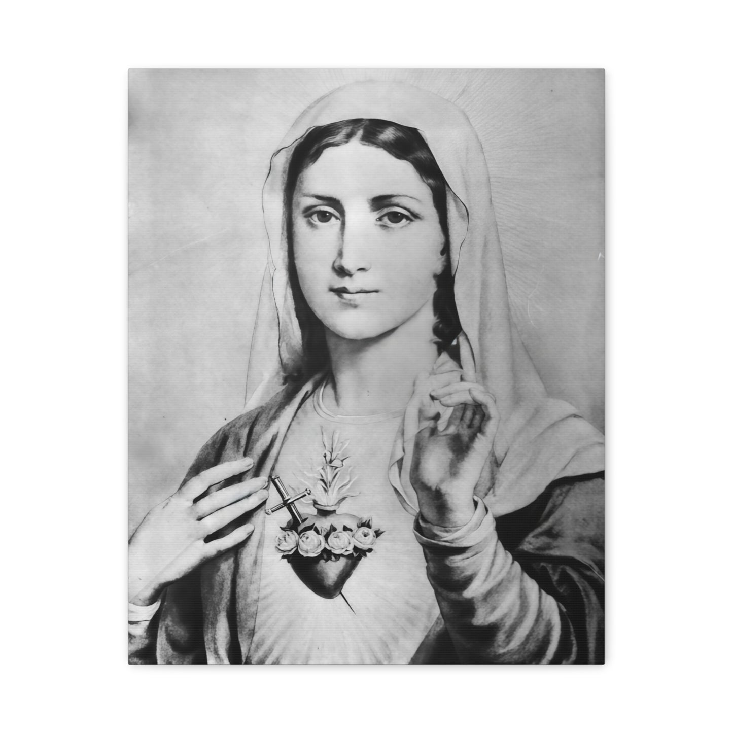 Ready To Hang - Black and White Mother Mary Immaculate Heart Catholic Canvas Wall Art, Christian Decor