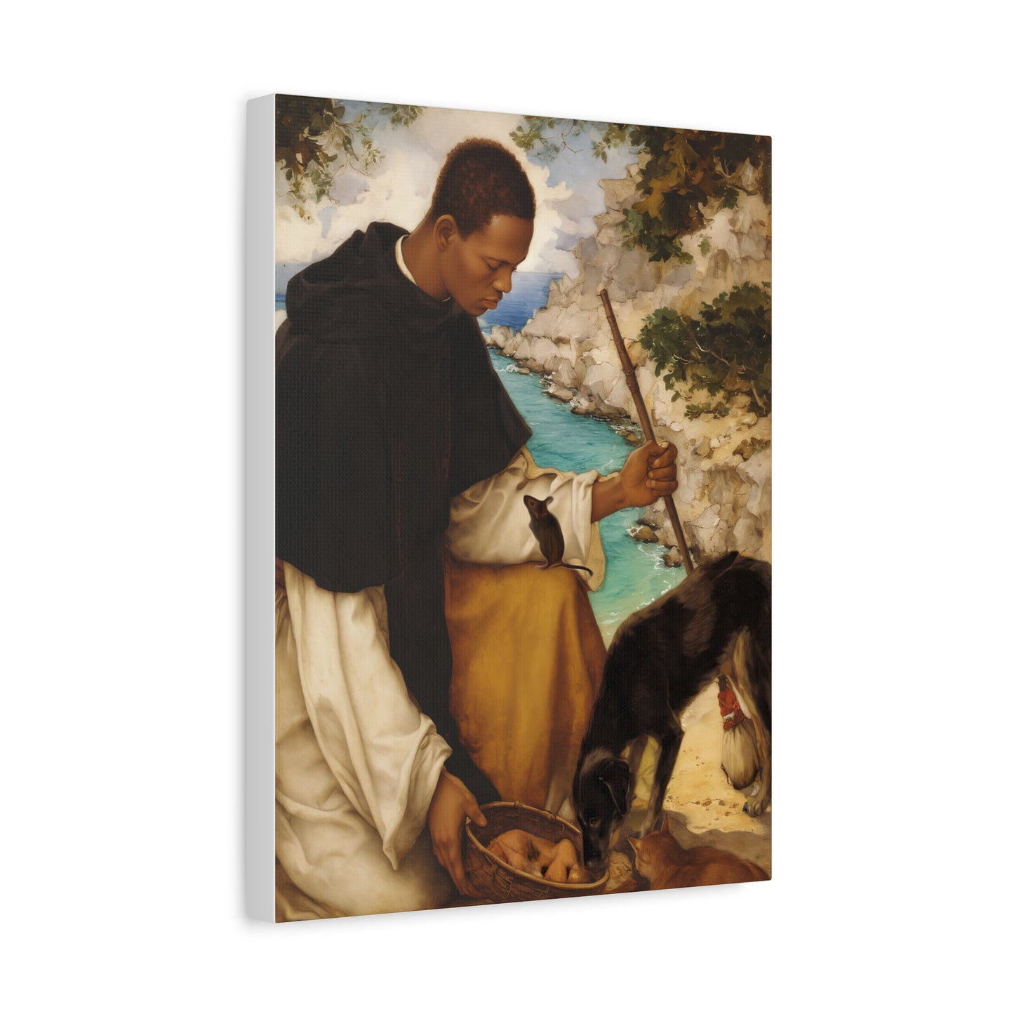 Ready To Hang - St. Martin de Porres with Mouse and Dog Catholic Canvas Wall Art - Christian Decor