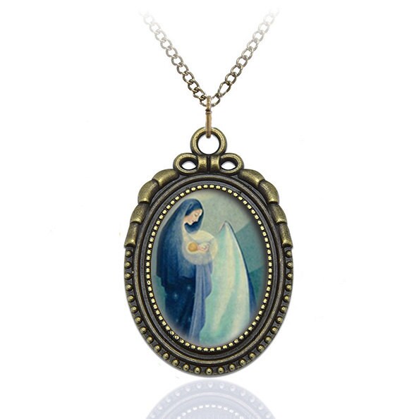 Our Lady of the Night Necklace Catholic Pendant Virgin Mary Jewelry Medal Nuestra Senora de La Noche Oval Style Charm Bronze w Chain