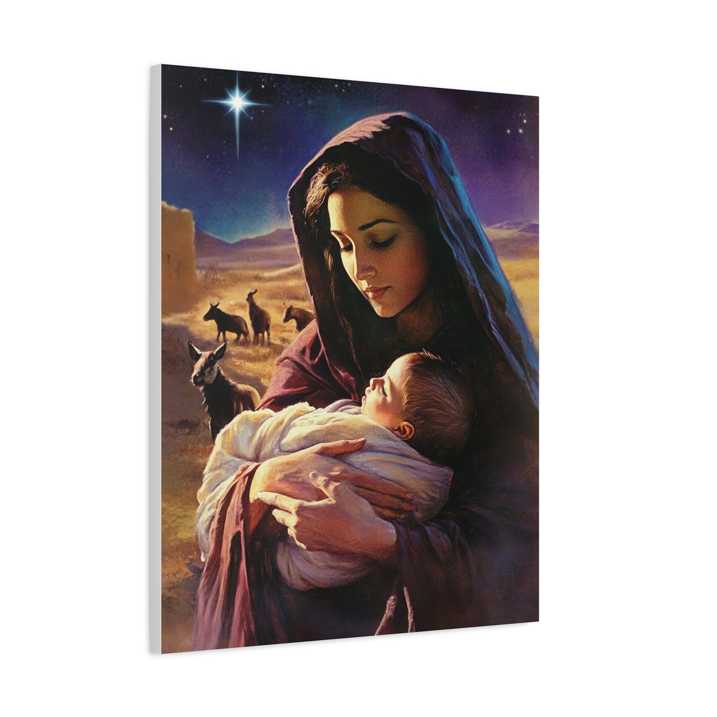 Mother Mary and Newborn Jesus Nativity Star Catholic Canvas Wall Art, Christian Decor