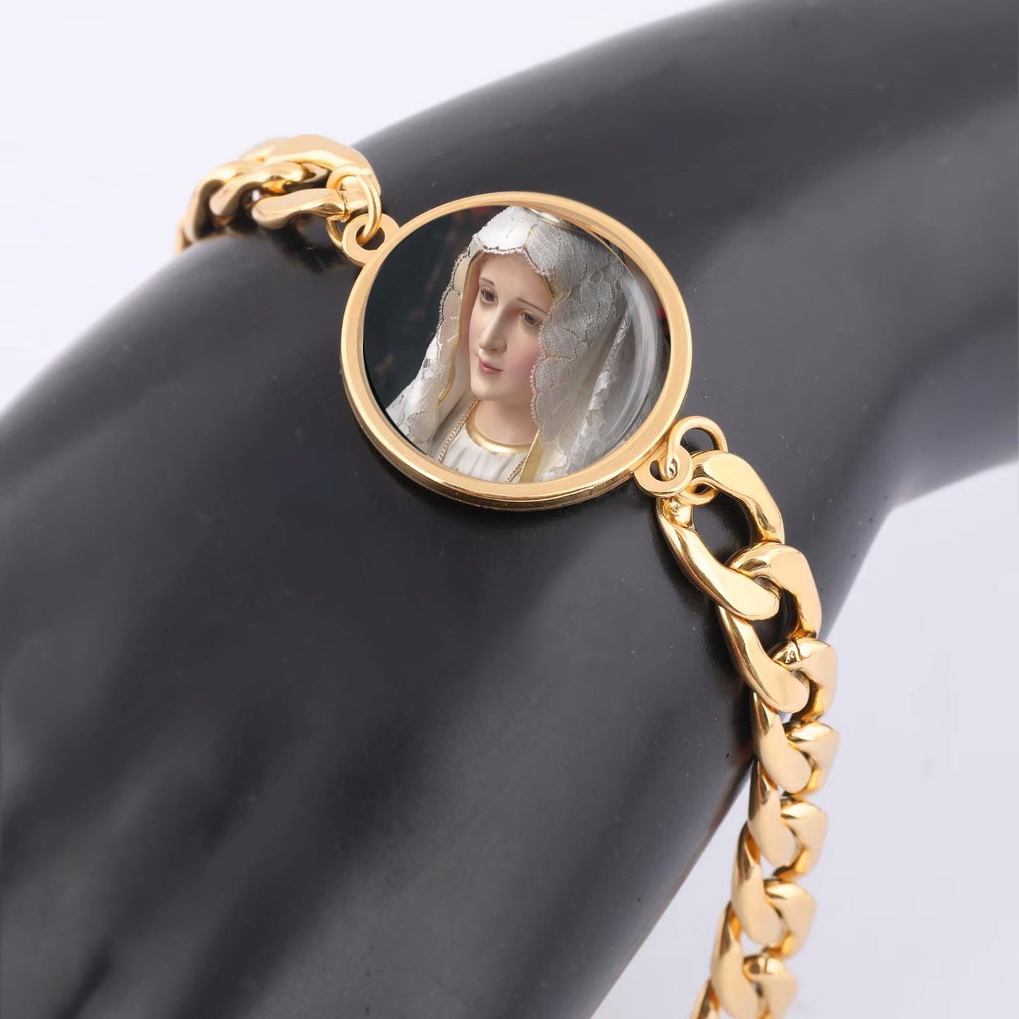 Our Lady Fatima Nossa Senhora Curb Bracelet Gold or Silver tone Religious Jewelry Simple Chain