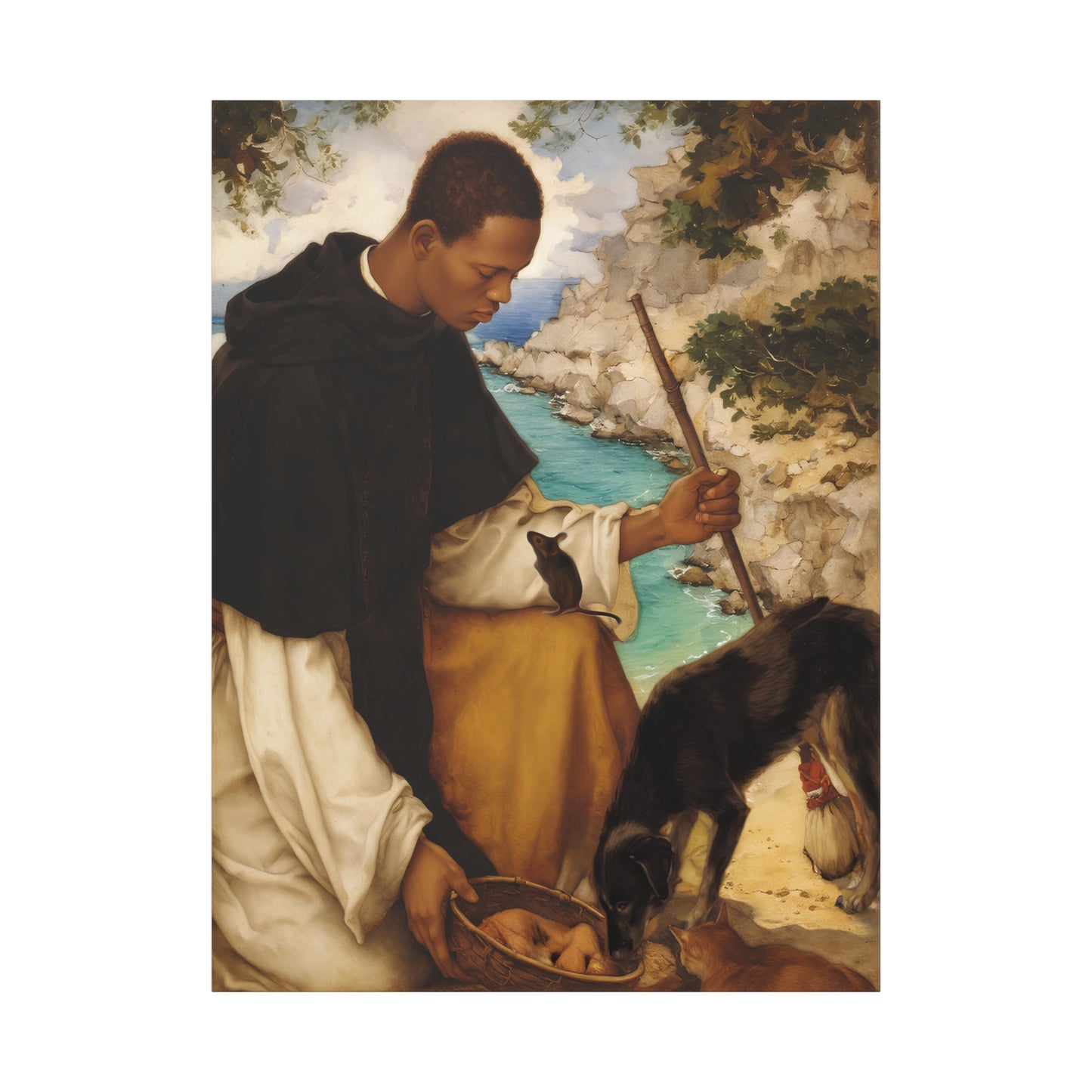 Ready To Hang - St. Martin de Porres with Mouse and Dog Catholic Canvas Wall Art - Christian Decor