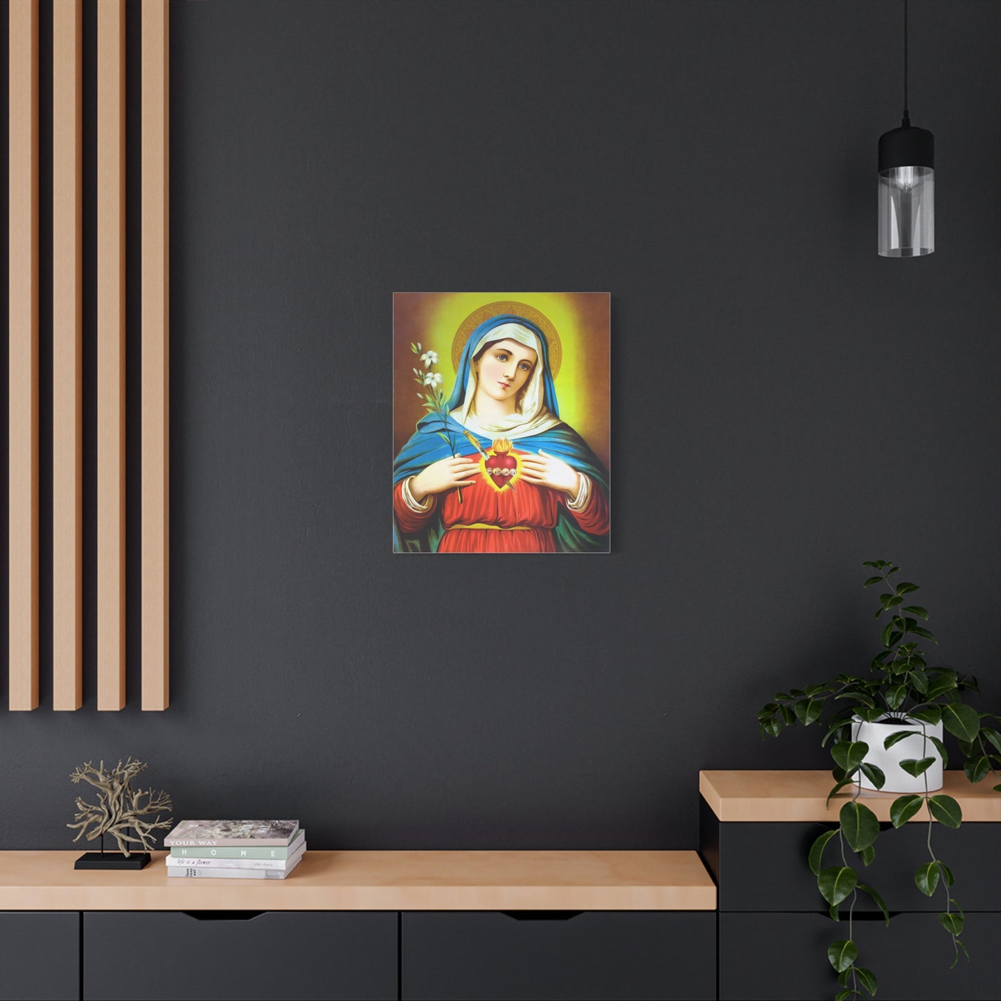 Ready To Hang - Mother Mary Immaculate Heart and Lilies Catholic Canvas Wall Art, Christian Decor