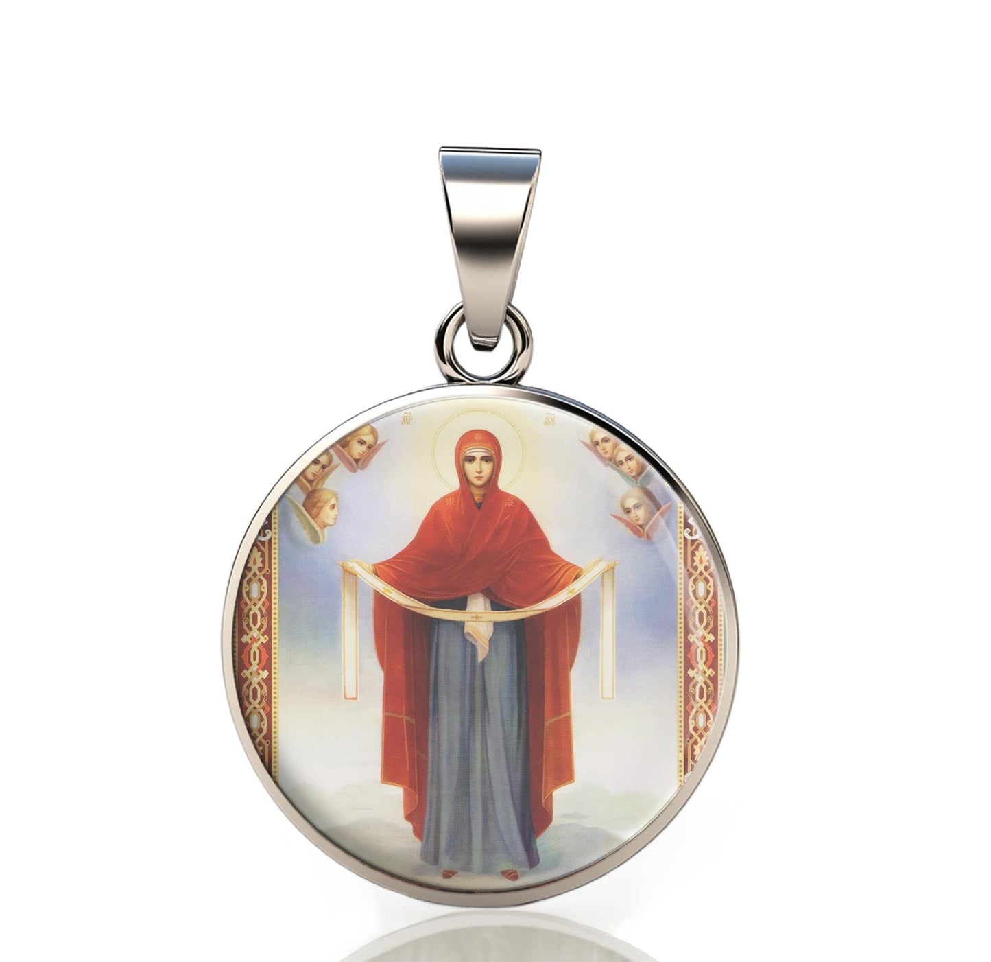 Our Lady Theotokos The Holy Protection 925 Sterling Silver Round Pendant Christian Religious Medal Small 20mm