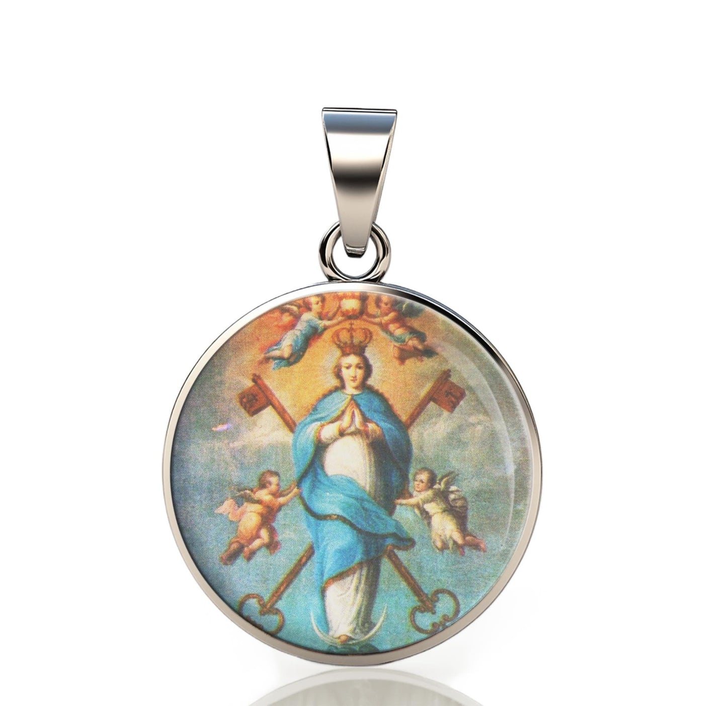Our Lady Assumption Catholic Mary 925 Sterling Silver Round Pendant Christian Religious Medal Small 20mm