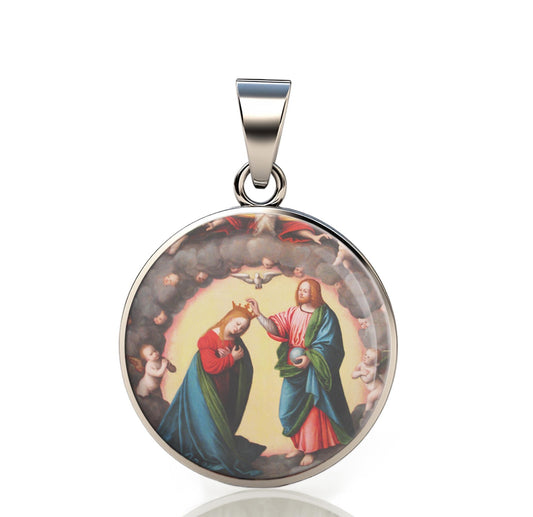 Our Lady Coronation Of The Virgin (Giovanni Battista Della Cerva) 925 Sterling Silver Round Pendant Christian Religious Medal Small 20mm