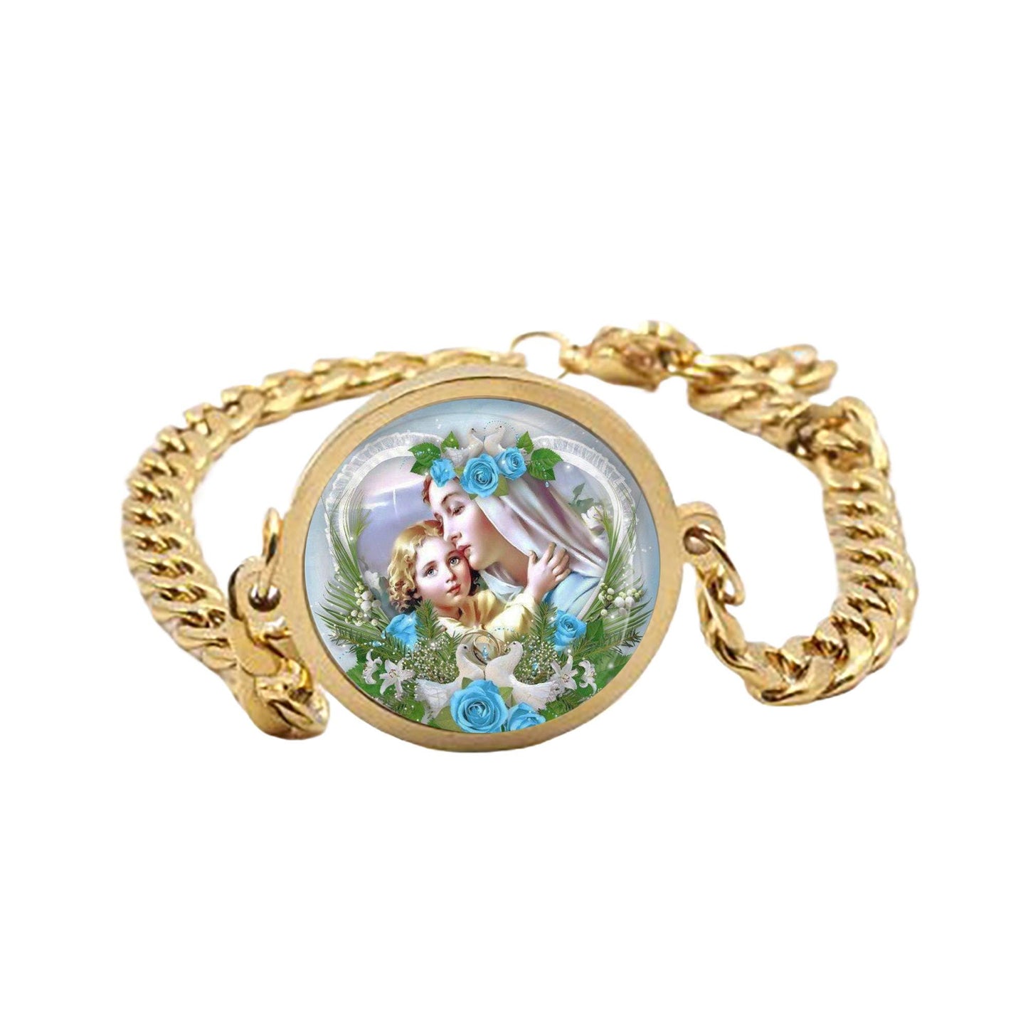 Our Lady Mother Mary And Baby Jesus With Blue Roses Curb Bracelet Gold or Silver tone Religious Jewelry Simple Chain