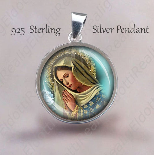 Praying Mother Mary  Religious Christian Medal. Sterling Silver 925 Prayer Pendant Jewelry 20mm