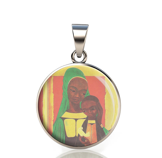 Our Lady African Madonna Catholic Mary 925 Sterling Silver Round Pendant Christian Religious Medal Small 20mm