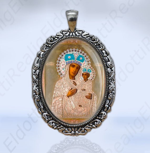 Ukrainian Icon Mary and Child Jesus in White Dress Orthodox Religious Pendant Silvertone Medal Jewelry Oval