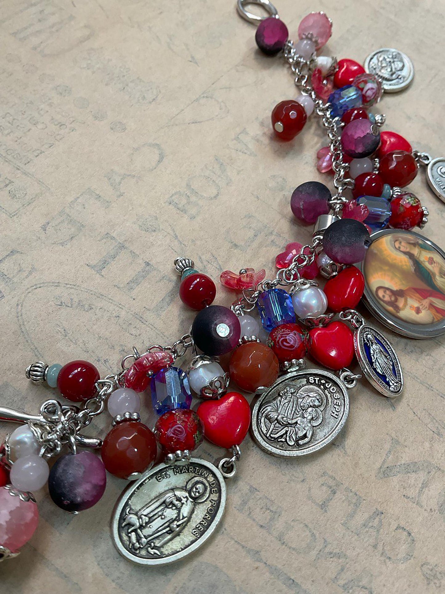 Immaculate Mary and Sacred Heart Jesus Catholic Religious Handmade Bracelet with Gemstones