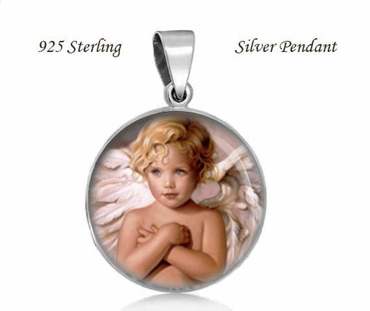 Pretty Cherub Religious Christian Medal. Blue Eyes Angel Sterling Silver 925  Pendant 20mm Jewelry. NEW