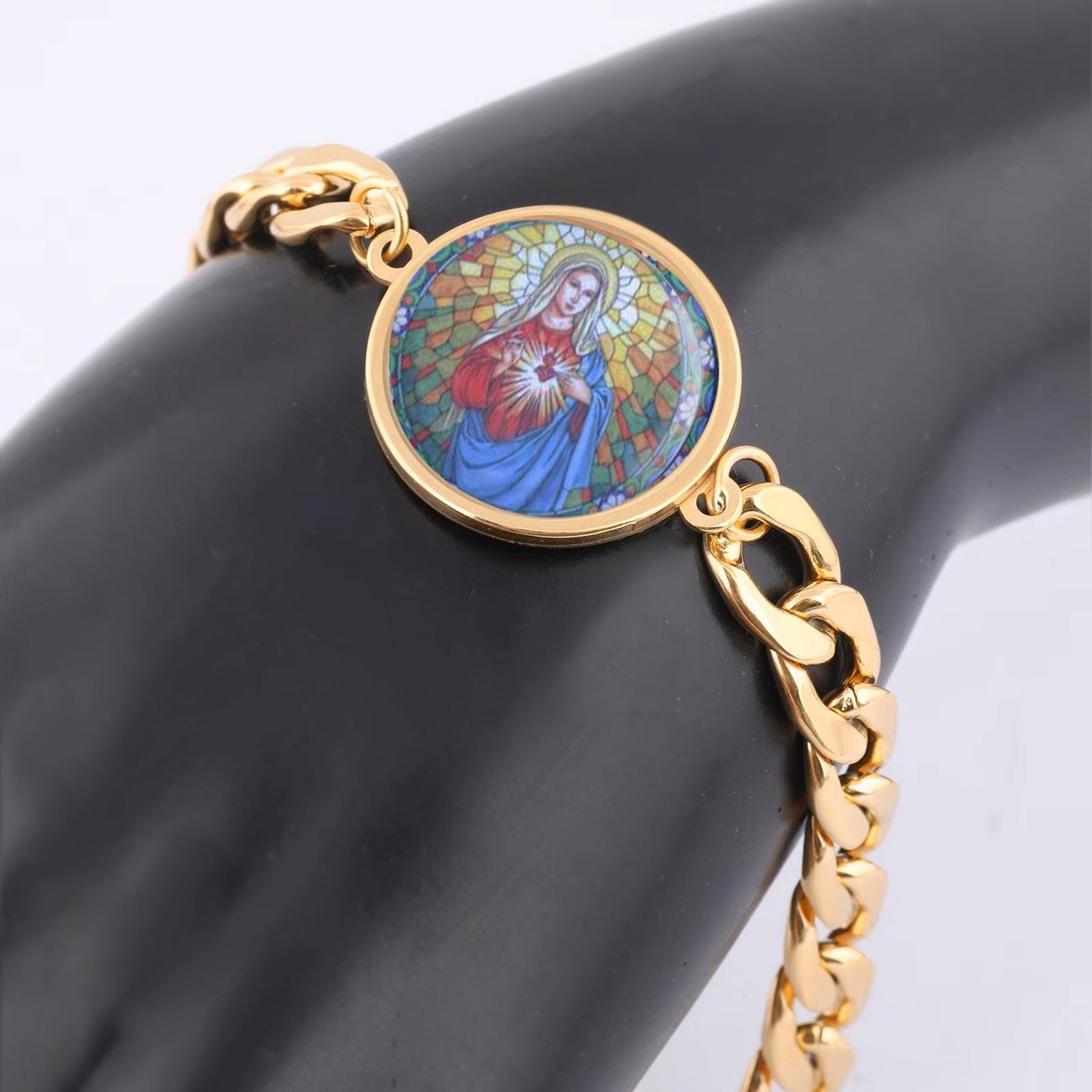 Our Lady Immaculate Mary Curb Bracelet Gold or Silver tone Religious Jewelry Simple Chain