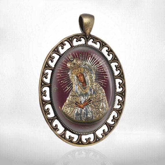 Black Madonna Our Lady of the Gate of Dawn Vilnius Religious Christian Icon Medal Pendant Jewelry
