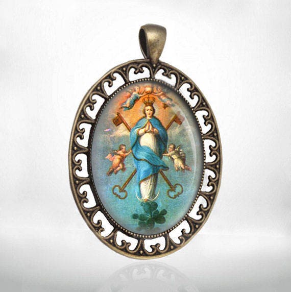Our Lady of Assumption Medal Virgin Mary w Keys Heaven Pendant