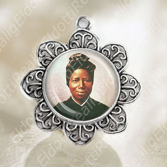 St Josephine Bakhita Medal Flower Shaped Silver Tone Catholic Jewelry