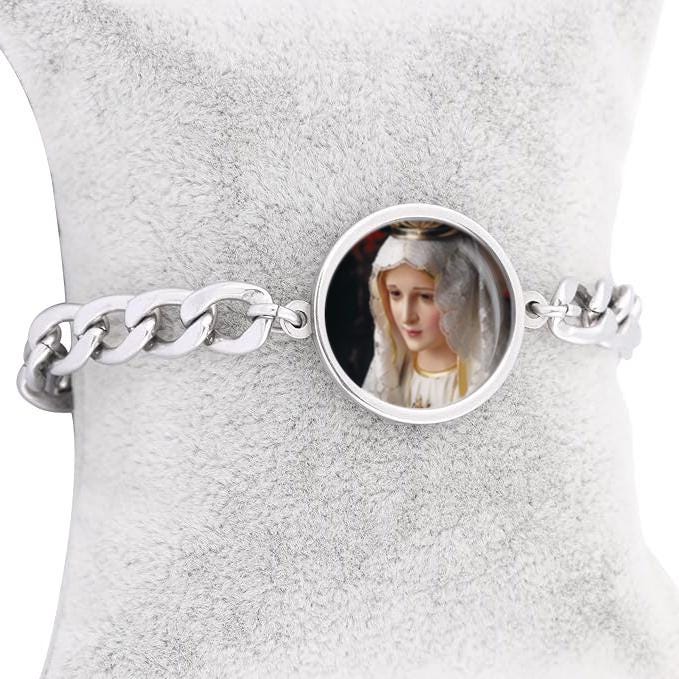 Our Lady Fatima Nossa Senhora Curb Bracelet Gold or Silver tone Religious Jewelry Simple Chain