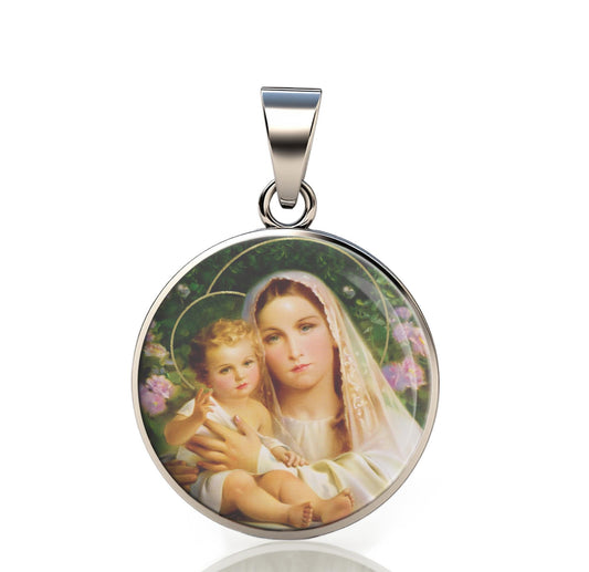 Our Lady Mary And Jesus 925 Sterling Silver Round Pendant Christian Religious Medal Small 20mm