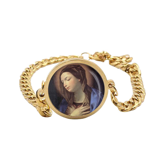 Our Lady Mary Blessed Curb Bracelet Gold or Silver tone Religious Jewelry Simple Chain