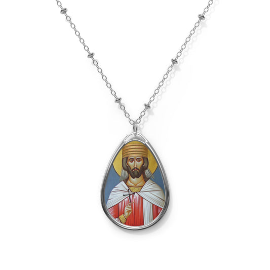 Saint Abo of Tiflis Necklace Drop Oval Pendant Silver Tone Medal