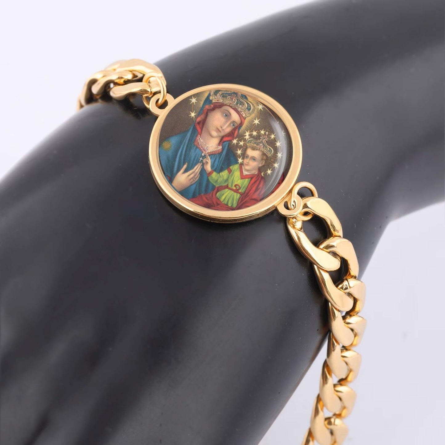 Our Lady Consolation Curb Bracelet Gold or Silver tone Religious Jewelry Simple Chain