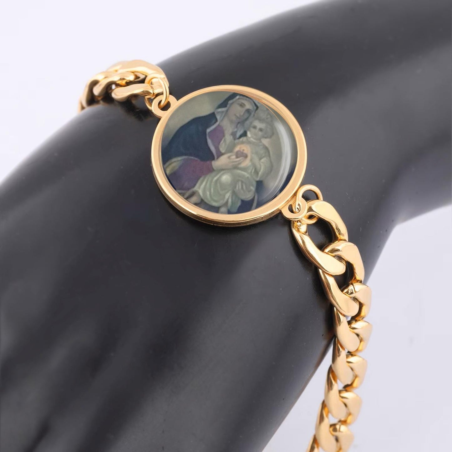 Our Lady Blessed Immaculate Heart Mary Curb Bracelet Gold or Silver tone Religious Jewelry Simple Chain