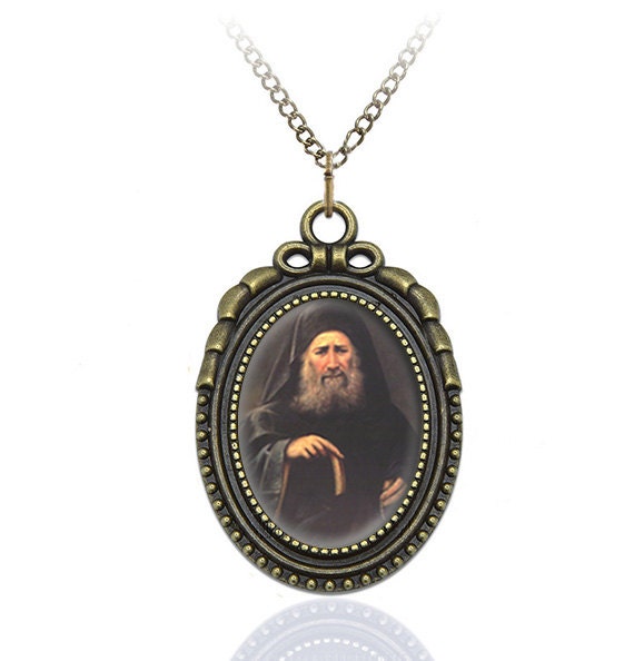 St Elder Joseph the Hesychast Religious Pendant Orthodox Medal Oval Style Charm Bronze w Chain