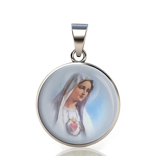 Our Lady Fatima Blue 925 Sterling Silver Round Pendant Christian Religious Medal Small 20mm