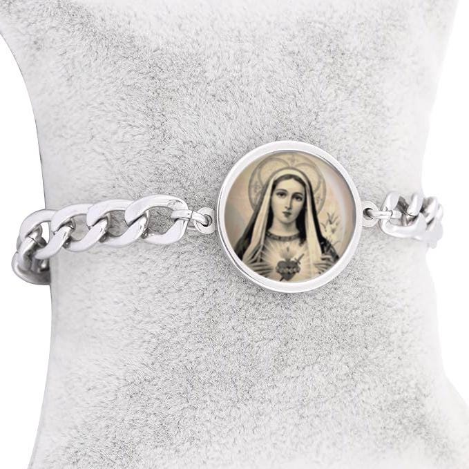 Our Lady Immaculate Heart Of Mary Curb Bracelet Gold or Silver tone Religious Jewelry Simple Chain