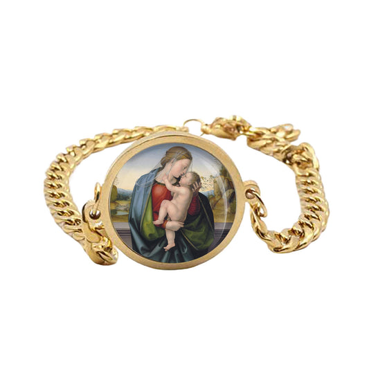 Our Lady Madonna And Child Curb Bracelet Gold or Silver tone Religious Jewelry Simple Chain