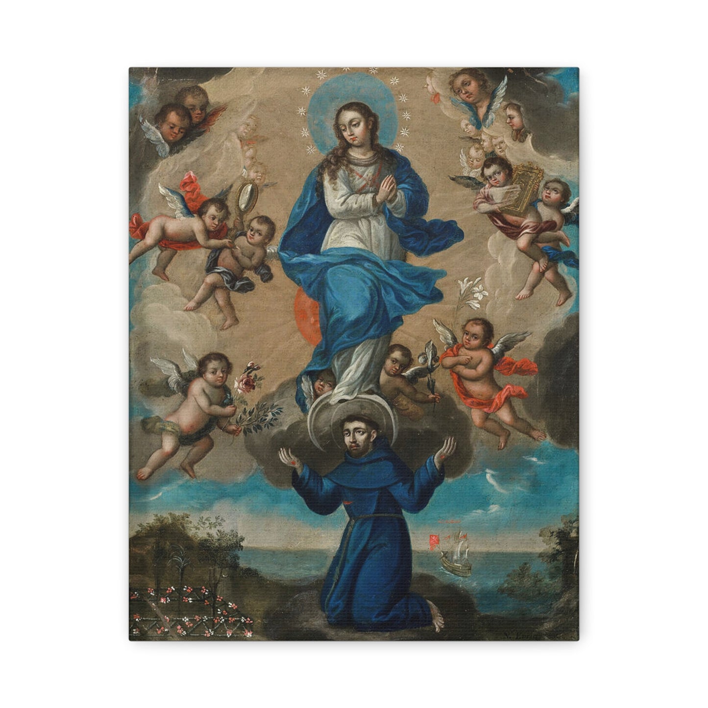 Immaculate Conception with Saint Francis and Angels Catholic HQ Print on Canvas Ready To Hang - Virgin Mary Canvas