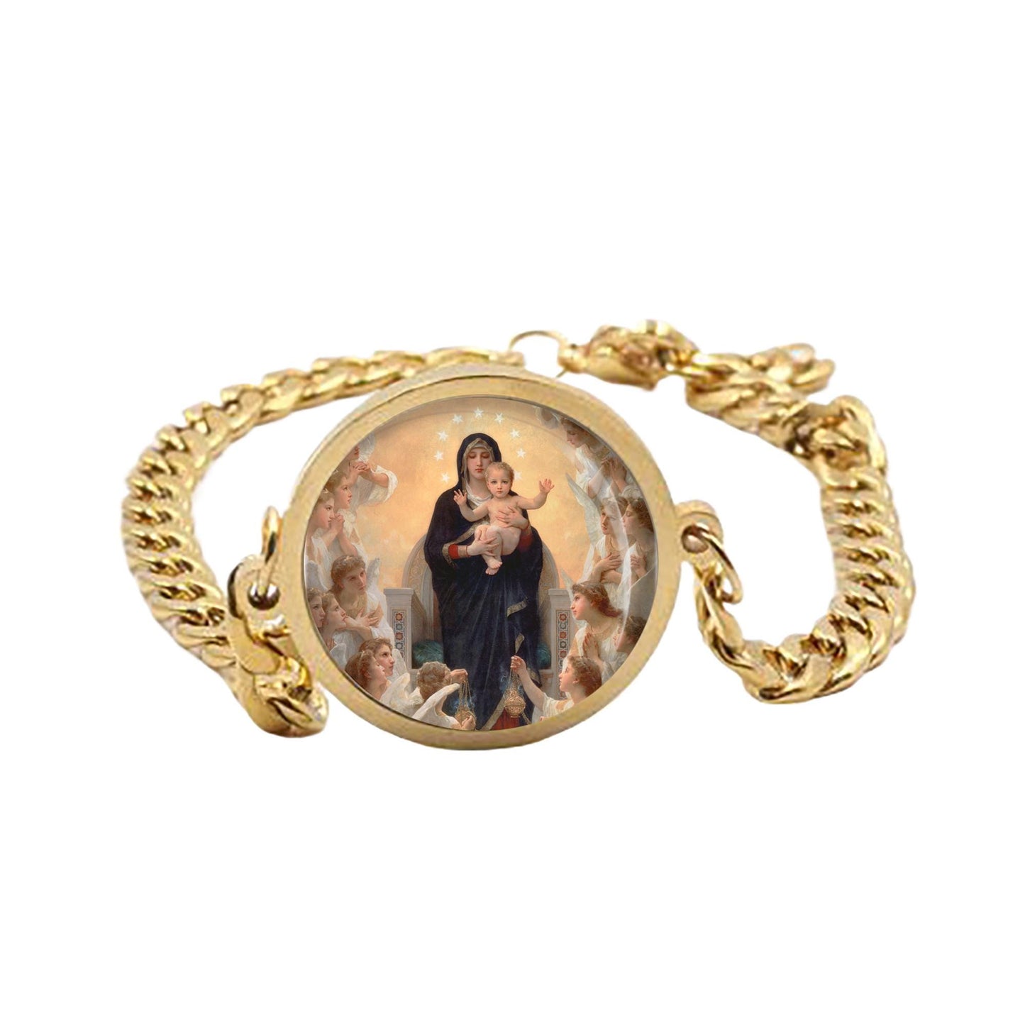 Our Lady Angels Mary Curb Bracelet Gold or Silver tone Religious Jewelry Simple Chain