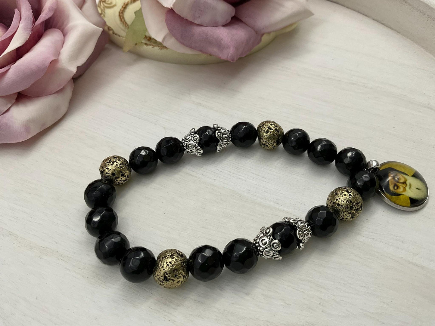 St Charbel Catholic Stretch Bracelet | Black Onyx and Gold Lava Stone Saint Charbel Charm Pendant