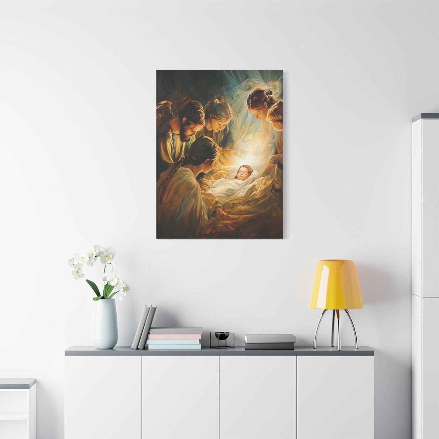 Jesus Nativity w Angels Catholic Canvas Wall Art, Christian Decor