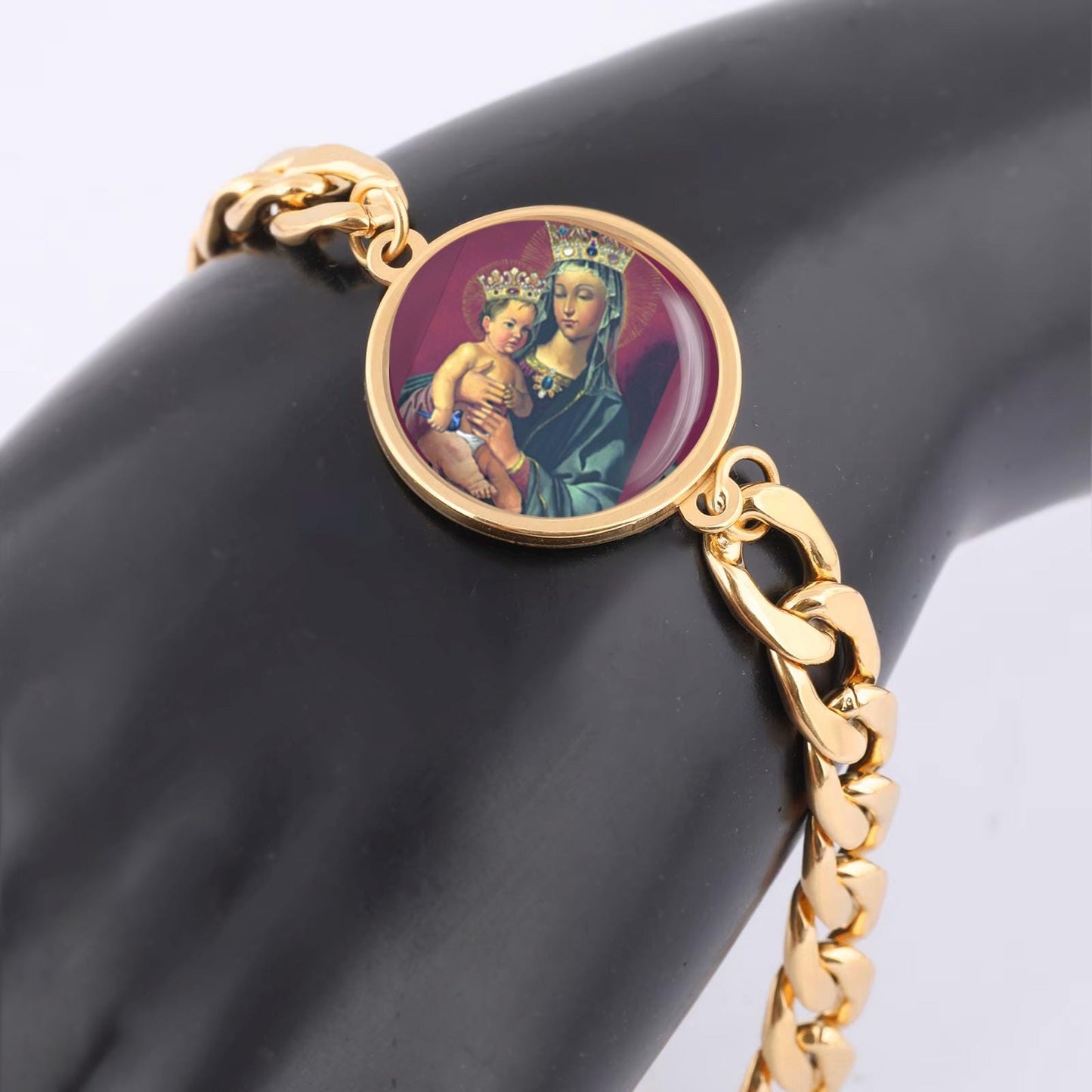 Our Lady Mary And Baby Curb Bracelet Gold or Silver tone Religious Jewelry Simple Chain