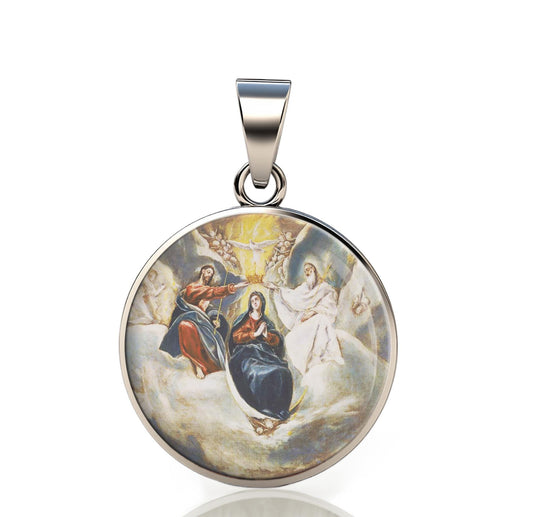 Our Lady Coronation Of The Virgin Mary 925 Sterling Silver Round Pendant Christian Religious Medal Small 20mm