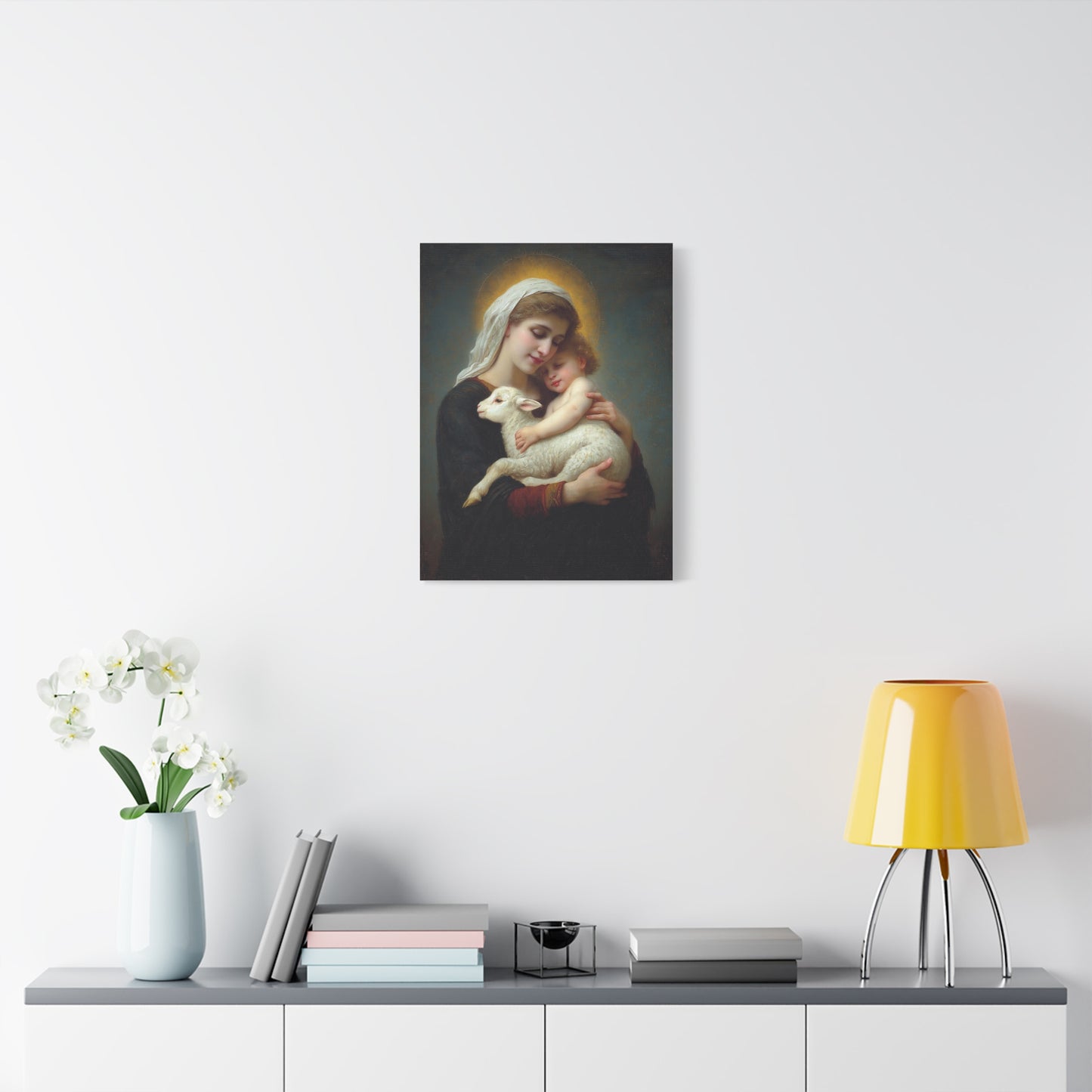 Mother Mary with Baby Jesus and Lamb Catholic Canvas Wall Art, Christian Decor