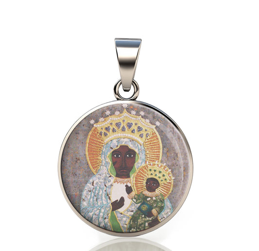 Our Lady Czestochowa Queen And Protector Of Poland A Black Madonna Icon 925 Sterling Silver Round Pendant Christian Religious Medal 20mm