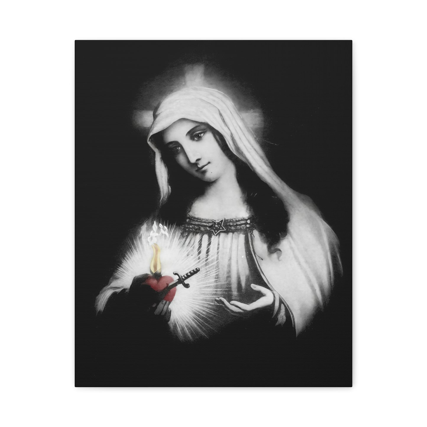 Ready To Hang - Mother Mary Immaculate Heart Catholic Sorrowful Mary Canvas Wall Art, Christian Decor Black and White