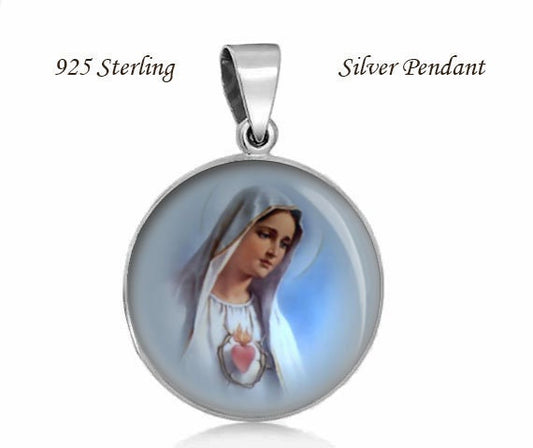 Our Lady of Fatima in Blue Religious Christian Pendant. Sterling Silver 925 Medal 20mm. Religious Christian Jewelry
