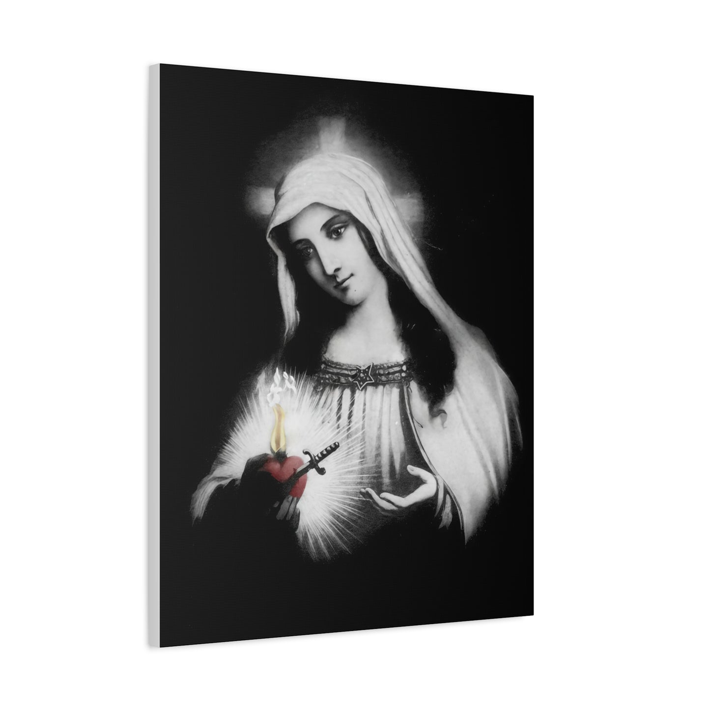 Ready To Hang - Mother Mary Immaculate Heart Catholic Sorrowful Mary Canvas Wall Art, Christian Decor Black and White