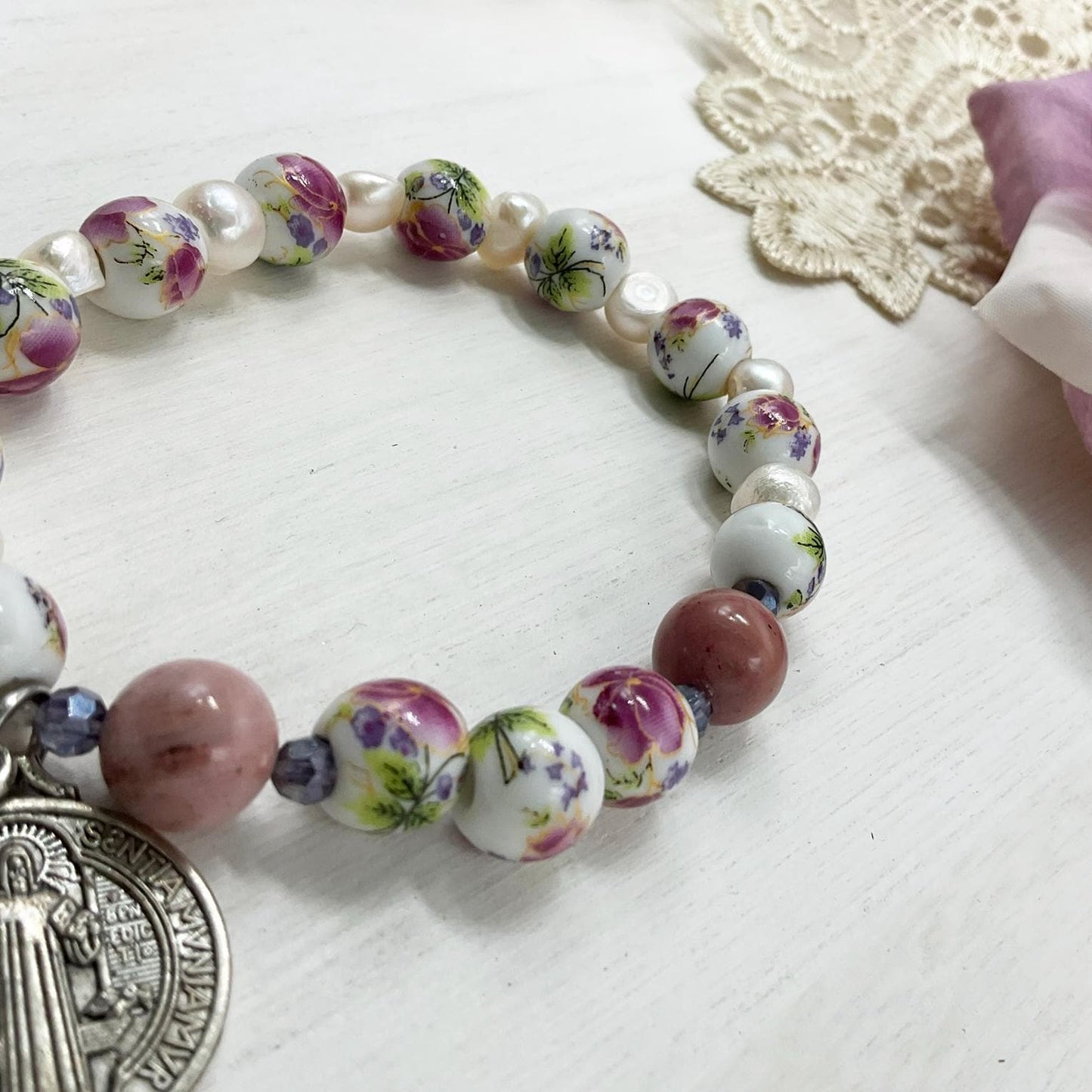 Decade Catholic rosary bracelet Our Lady of Grace medal, St Benedict Charm | Ceramic Beads and Pearls | Catholic gift | Catholic jewelry