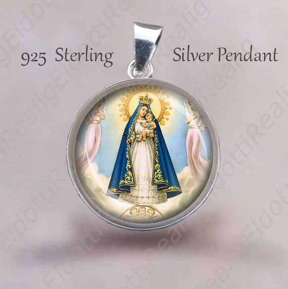 Our Lady of El Cobre Religious Christian Medal. Sterling Silver 925 Pendant 20mm. Virgin of Charity Silver Medal For Necklace