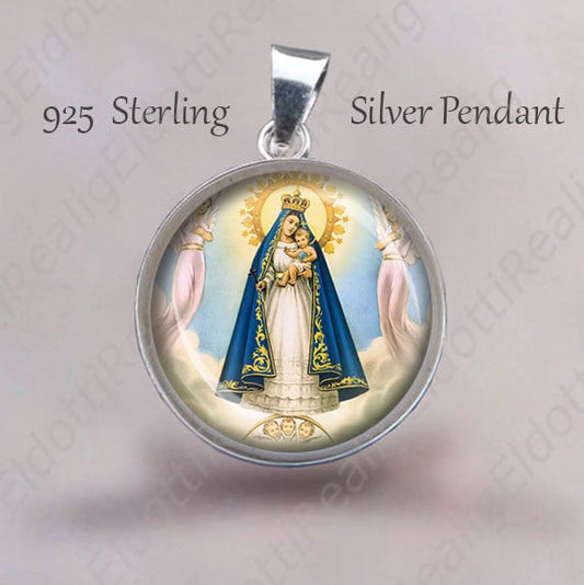 Our Lady of El Cobre Religious Christian Medal. Sterling Silver 925 Pendant 20mm. Virgin of Charity Silver Medal For Necklace