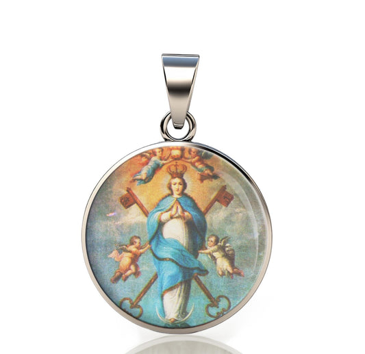 Our Lady Assumption Catholic Mary 925 Sterling Silver Round Pendant Christian Religious Medal Small 20mm