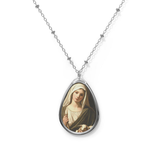 St Agnes Necklace Drop Oval Pendant Silver Tone Medal