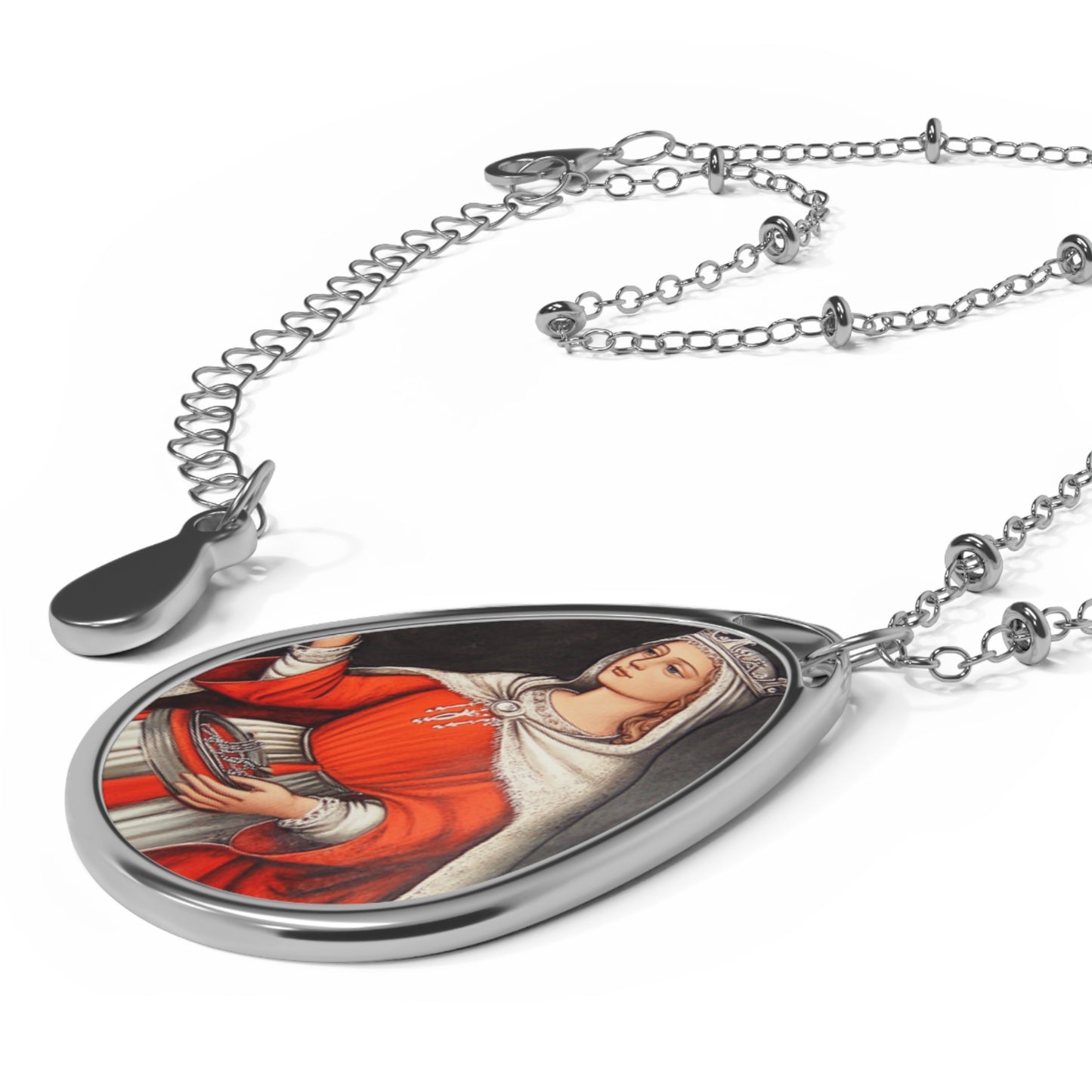 St Adelaide Necklace Drop Oval Pendant Silver Tone Medal