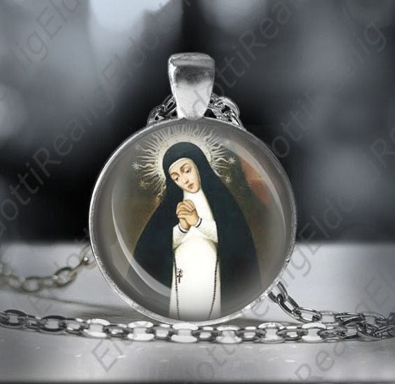Our Lady of Solitude Catholic Necklace. Virgin Mary Medal Religious Pendant Silver Tone Jewelry.